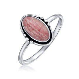 Western Boho Delicate Bezel Set Oval Cabochon Gemstone Rose Pink Rhodochrosite Turquoise Moonstone Ring for Women Teen 1 mm Thin Band Oxidised 925 Sterling Silver, Rhodochrosite