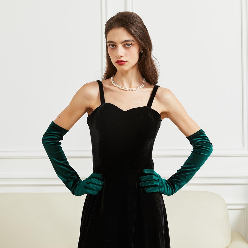 BRYCTSISEN Long Velvet Evening Gloves (Dark Green)