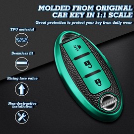Xotic Tech Green TPU Grainy Leather Texture Key Fob Shell Cover Case w/ Keychain, Compatible with Nissan Murano Rogue TIIDA Pathfinder 370Z Leaf 3-Button Smart Keyless Entry Key