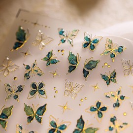 GlamRays Butterfly Nail Stickers Nail Art Stickers Decals 5D Relief Butterfly Nail Decals Green Butterfly Star Gold Edges Design Butterfly Nail Stickers