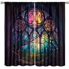Fantasy Castle - cortina oscurecedora para ventana, puerta arqueada a través del bosque de cuentos de hadas, coloridas ventanas manchadas, paisaje circular para el hogar, cocina, restaurante,