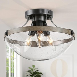 Semi Flush Mount Ceiling Light Fixture, 3-Light Modern Farmhouse Close to Ceiling Light Fixtures with Seeded Glass Shade, Dome-Shaped Hallway Light Fixtures Ceiling for Bedroom, Kitchen
