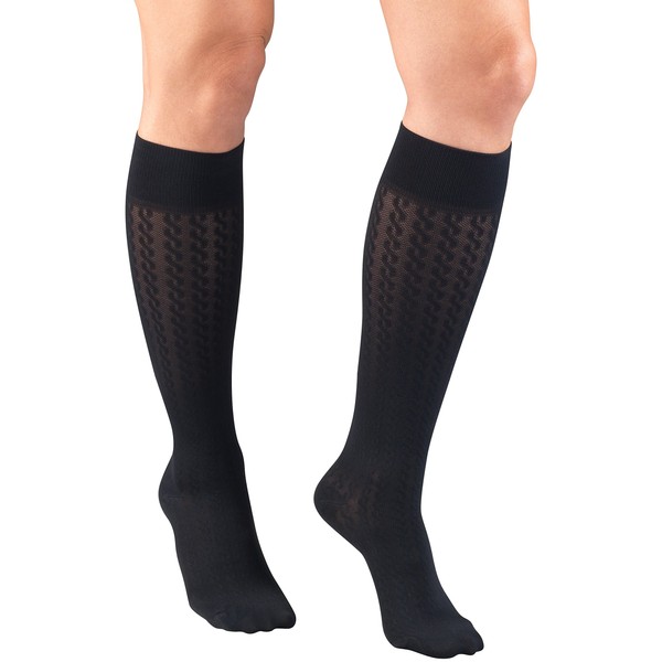 Truform Compression Socks, 15-20 mmHg, Women's Dress Socks, Knee High Over Calf Length, Navy Cable Knit, Large