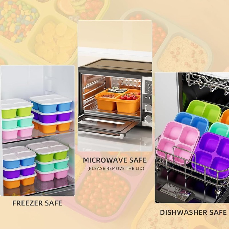 6 Pack Bento Snack Containers Set，Reusable 4 Compartment Divided Food