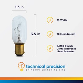 Technical Precision 25W Incandescent Bulb Replacement for Eiko 25t8dc-120v Light Bulb T8 Light Bulbs with BA15D Double Contact Bayonet Base - 1500 Hours - 2 Pack