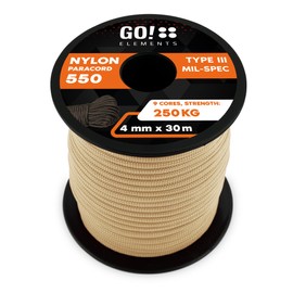 GO!elements 30 m Paracord Rope Made of Tear-Resistant Nylon Cord - 4 mm Paracord 550 Type III Cord - All-Purpose Rope and Cord - Max. 250 kg, Colour: Sand