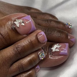 Purple French Tip Press on Toenails 3D Butterfly Fake Toes with Rhinestone Design Nude Glue on Toes Glossy Acrylic Full Cover Stick on Toenails Short Square False Toenails for Women Manicure 24 pcs