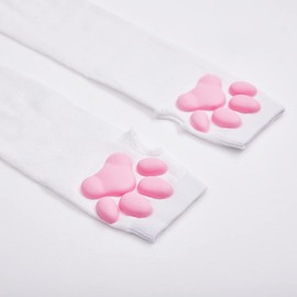 Pink Cute Cat Claw Fingerless Gloves Mittens, Cat Paw Pad Gloves for Girls Women 3D Kitten Claw Gloves Lolita Cat Cosplay, White Long Gloves, One-Size