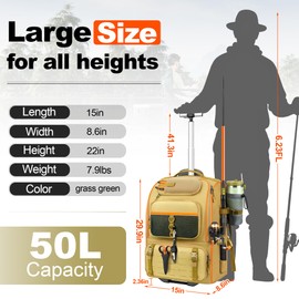 P POSO Fishing Backpack with Holder Rod‌ - Tackle Waterproof Fishing Bag‌ with Wheels, 50L Capacity Fishing Gear Storage Spacious ‌tackle Box Backpac for Hiking Outdoor Fishing & Ideal Gifts for Men