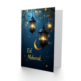Artery8 Eid Mubarak Greeting Card Tree Lanterns Stars and Crescent Moon Blank For Him Or Her Art Eid al-Fitr Card