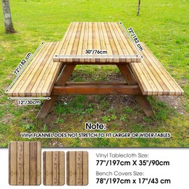3 Pcs Vinyl Picnic Table and Bench Fitted Tablecloth Cover Set 6 Ft 30 x 72 Inch Flannel Backing Rectangular Elastic Edged Picnic Table Cover for Summer Outdoor Patio Travel Picnics (Wood Grain)