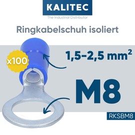 Pack of 100 Kalitec RKSBM8 Ring Cable Lugs 1.5-2.5 mm² I Partially Insulated M8 Blue I Copper I PVC Collar I for Connecting Cables or Strands I Cable Lug I Cable Connector I Protects Electrical