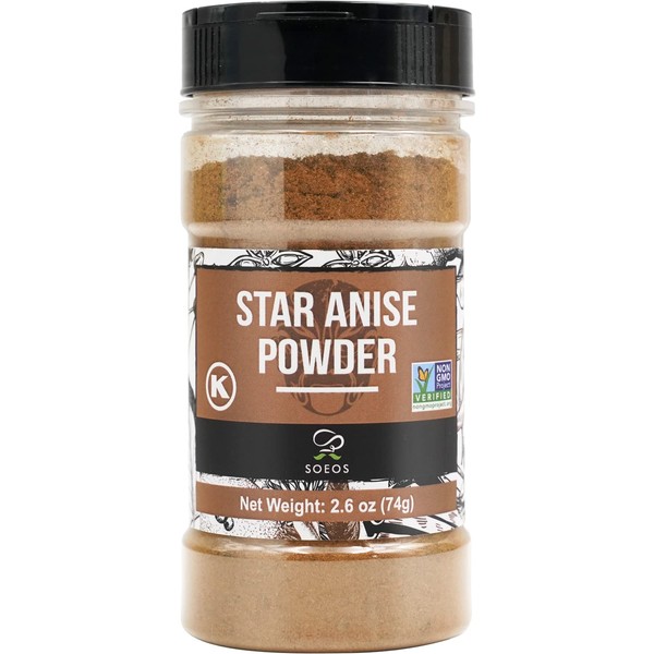 Soeos Chinese Star Anise Powder 2.6 oz (74g), Ground Chinese Star Anise Seeds, Dried Anise Star Spice, Star Anise Bulk, Anise Star. Non-GMO Verified, Great for Baking and Tea, Anis Estrella., Brown