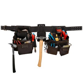 FESA Leather Tool Belt for Men with Framers & Fastener Pouches, Hammer Holder & 3"-Wide Tool Belt (Adjustable 34"-44") - 4-Piece Carpenter Rig with 22 Pockets & Attachment Points - Handcrafted (Brown)