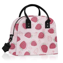 Clastyle Summer Large Insulated Lunch Bag Women Waterproof Small Cool Bag Adult with Strap Leak-Proof Lunch Bag for Picnic Work Office Pink Strawberry