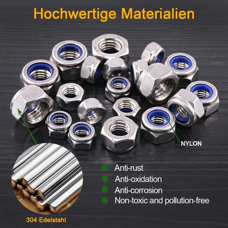 WJMY Self-Locking Nuts Hex Nuts 200 Pieces 304 Stainless Steel
