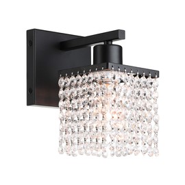 XiNBEi Lighting Crystal Wall Sconce, Modern Bathroom Sconce Light with K9 Clear Crystal Strands Shade Single Black Sconces Wall Lighting for Bath Bedroom Living Room XB-W327-1-MB