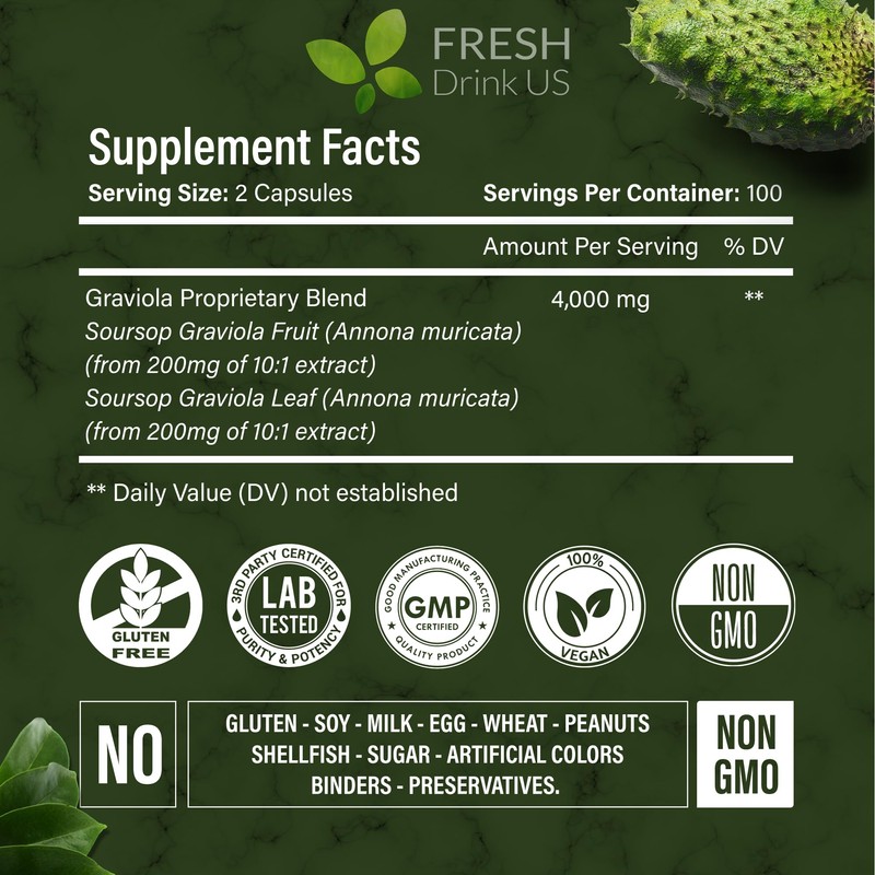 FRESHDRINKUS, Premium 200 Soursop Capsules, 4000mg per Serving, 100 Days