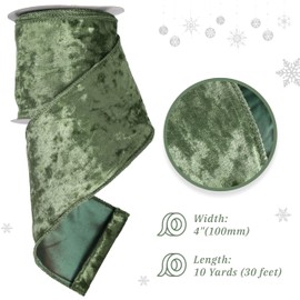 MAYREEL Sage Green Crushed Velvet Ribbon Wired 4" x 10 Yards Extra Wide Christmas Wired Ribbon Olive Green Christmas Decorations Green Ribbon for Gift Wrapping Wreath Tree Topper Bow Making Crafts