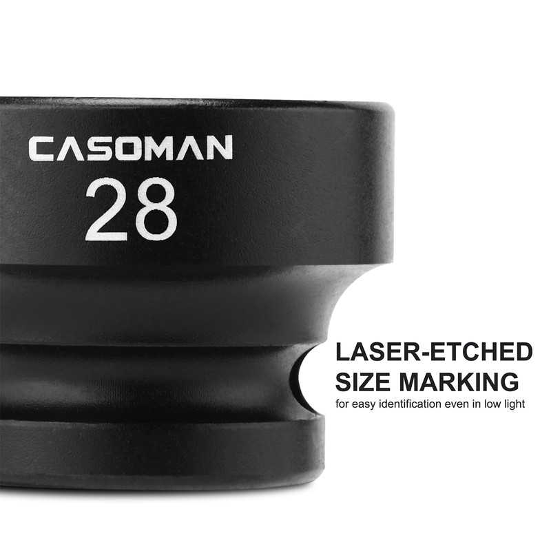 CASOMAN 1/2" Drive 28mm Stubby Impact Socket Set, 6-Point, 1.1"