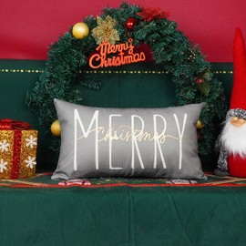 ONWAY Christmas Pillow Cover 12x20 Inch Merry Christmas Gold Grey Decorative Throw Pillows Farmhouse Winter Holiday Decor Cushion Case for Sofa Couch Home Decorations