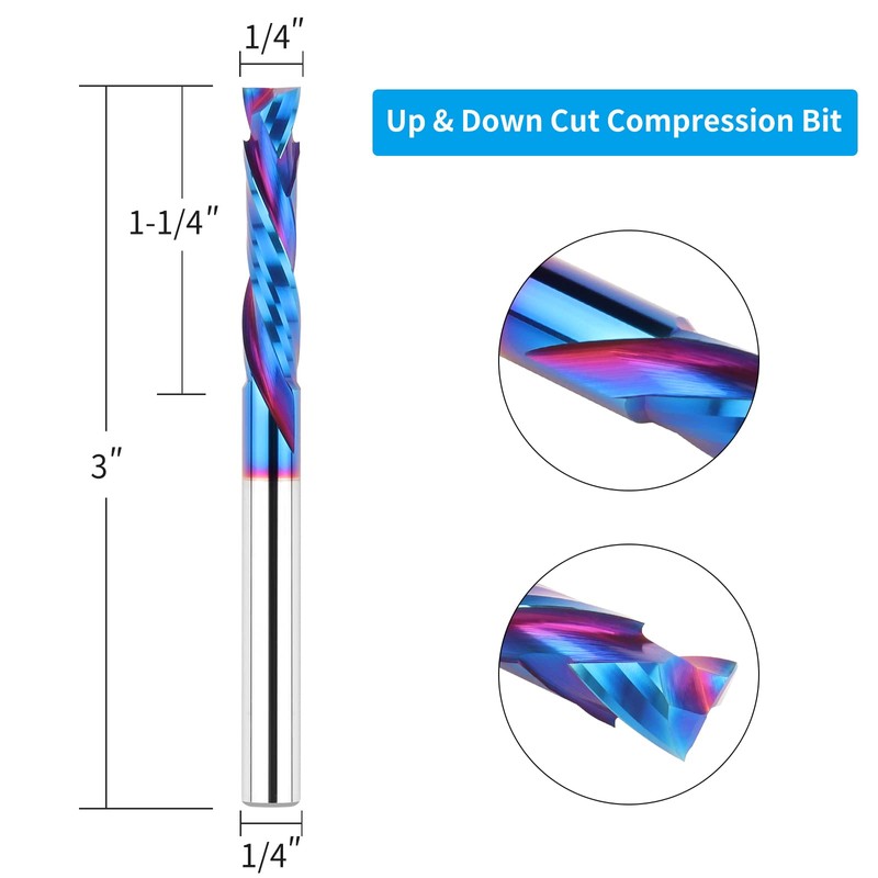 EANOSIC Compression Spiral Router Bits 1/4" Shank,1-1/4" Cutting Length, Extra
