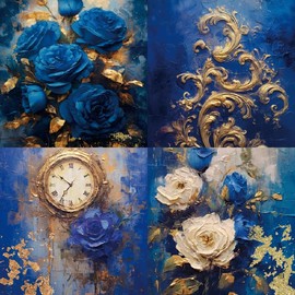 24 Sheets Vintage Dark Floral Pattern Pad 6'' x 6'' Dark Floral Scrapbook Paper Pad Blue & Gold Colored Patterned Single-Sided Decorative Craft Vintage Cardstock Paper Pack for DIY Card Making Origami