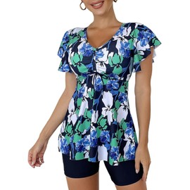 ECUPPER Womens Tankini Swim Dress with Sleeves Modest Two Piece Swimsuits Tummy Control Bathing Suit Floral Printed Swim Tops and Shorts Green XL