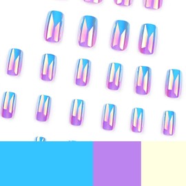 Press on Nails Square Medium Length Glossy Full Cover Acrylic Square Shape False Nails with Designs Artificial Short Coffin Fake Nails with Charms Glue Stick on Fingernails for Women Girls(JP3257)
