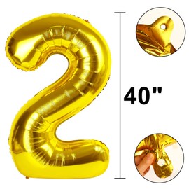 40 Inch Gold Balloon Number 2 Giant Two Balloon Number Birthday Decorations, 2nd 12 20 21st Party Celebration Decorations Digital Balloon Wedding Anniversary Party Supplies
