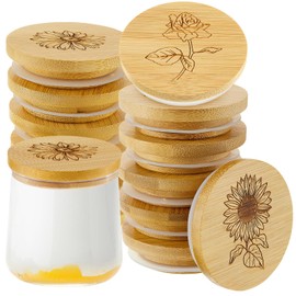 Gueevin 12 Pieces Yogurt Jar Lids Bulk Bamboo Wooden Lids Set Compatible with Oui Yogurt Jars Round Reusable with Silicone Sealing Rings Brave Flower Rose Sunflower Daisy for Kitchen Food Storage
