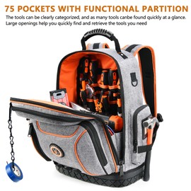 LOKASS Tool Bag Backpack, 75 Pockets & Loops Heavy Duty Tools Organizer Bags/HVAC Tool Carrier for Eelectrician/Construction Work with Molded Base and Combination Lock, Large, Grey