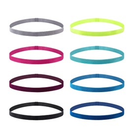 VEGCOO 8 Sports Headbands, Thin Non-Slip Elastic Headbands, Sports Hair Band, Thin, Non-Slip, Suitable for Boys Girls and Children (Fluorescent Green, Rose Red, Pine Green, Royal Blue)