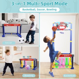 COUOMOXA 3-in-1 Sports Toy for Kids: Movable Basketball Hoop Bowling and Soccer Goal - Skills Training Set for Kids Age 3-8 Indoor Outdoor Backyard - Birthday Gifts for Boys Girls