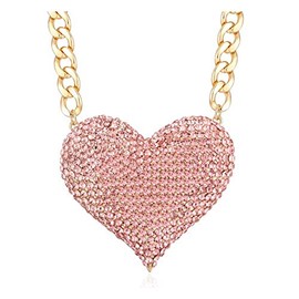 Wellotus Women's Statement Sparkly Heart Necklace Shiny Rhinestone Chunky Chain Necklace Punk Rock Style Costume Jewelry (Pink Color)