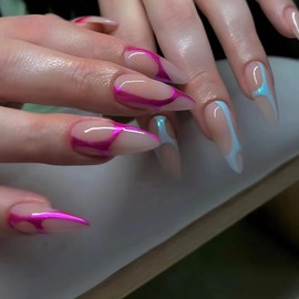 BABALAL Almond Press on Nails Medium Fake Nails Pink Blue Swirl Glue on Nails Stiletto 24Pcs Acrylic Nails with Design