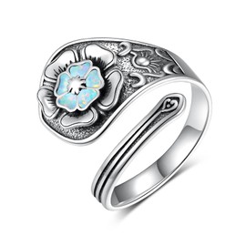CVRAVO Vintage Flower Spoon Ring 925 Sterling Silver Adjustable Opal Spoon Rings Wrap Around Thumb Ring Statement Jewelry for Women
