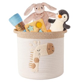 Toy Storage Baskets, Woven Cotton Rope Storage Basket for Kids, Multifunctional Blanket Baskets for Living Room Toys Organizer with Embroidery Decor, Cute Layndry Organizer with Handle for Nursery