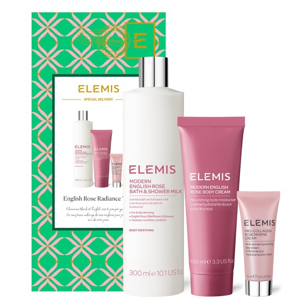 Elemis Limited Edition English Rose Body & Skincare Trio, Spa Luxury Bath & Skin Pamper Hamper, Full Size Shower Milk, Body Cream & Travel Pro-Collagen Rose Marine Cream