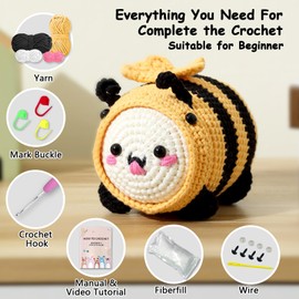 Ktmeor Crochet Kit for Beginners,Crochet Animal Kit for Adults,Crochet Starter Kit with Step-by-Step Video Tutorials,DIY Knitting Supplies,Easy Yarn-Cute Bee