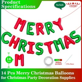 18 Inch Red and Green Merry Christmas Letter Balloons, 14 Pcs Merry Christmas Letter Foil Balloons Red and Green Letters Banner for Christmas Party Christmas Ceremonies Holiday Party Decorations