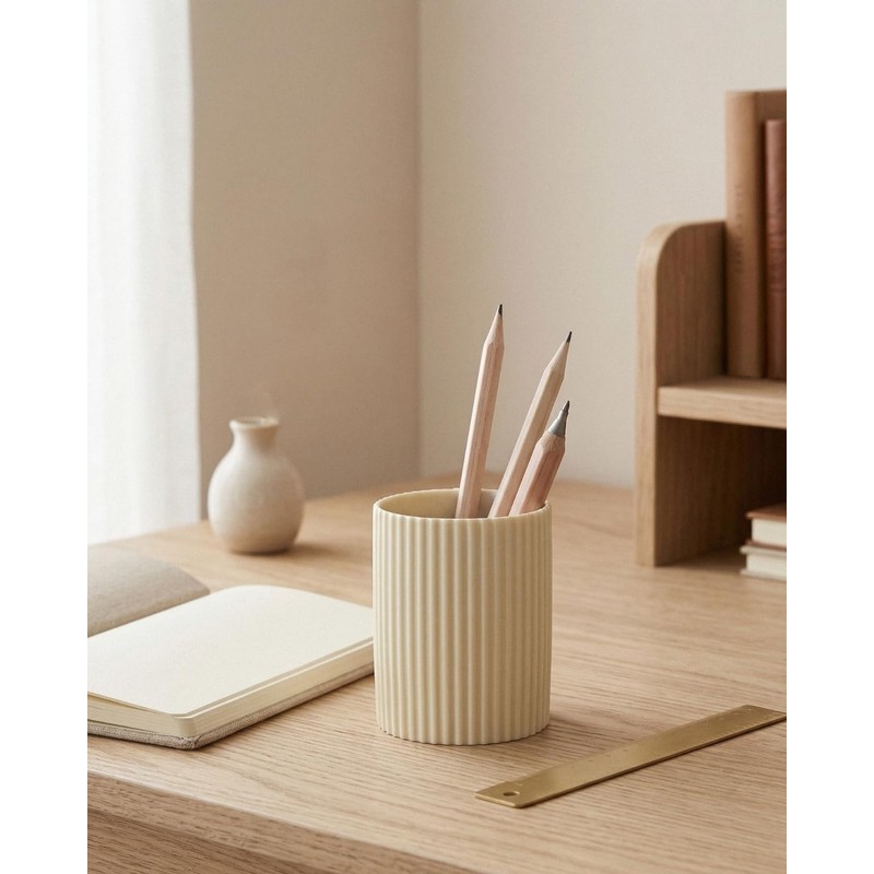 LezayXtra Ceramic Pen Holder for Desk, Ribbed Makeup Brush Organizer,