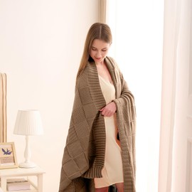 CozeCube Check Knit Throw Blanket, Light Brown Checkered Throw for Couch, Decorative Christmas Soft Cozy Warm Knitted Blanket for Bed Sofa Living Room, 50"X60"