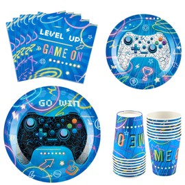 WERNNSAI Video Game Party - 64-Piece Gamer Birthday Party Decoration Set for Boys Gaming Evening Tableware Set Ess Dessert Plates Napkins for 16 Guests Game Party Supplies Set