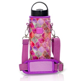 Made Easy Kit Neoprene Water Bottle Carrier Holder with Adjustable Shoulder Strap for Insulating & Carrying Water Container Canteen Flask Available in 5 Sizes (Purple Stained Glass, L+Tall (40oz))