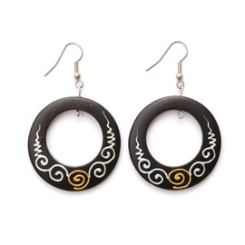 Idin Handmade Earrings - Organic classic wooden hoop drop earrings with hand-painted swirl pattern