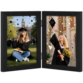 Vittanly 5x7 Double Picture Frame, Hinged 2 Opening MDF Photo Frames with Plexiglass, Vertical Tabletop Stand, Black