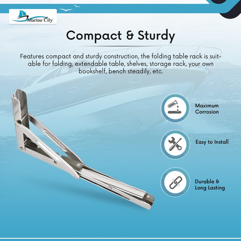 MARINE CITY Folding Shelf Bracket, 304-Grade Stainless Steel, Corrosion-Resistant, Rust-Proof,