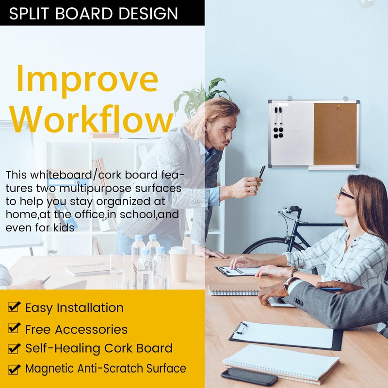 Combination Writeboard 24"x 18" Magnetic Whiteboard & Cork Board Aluminium