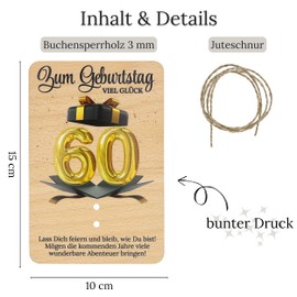 ZUKLA Verpackung für Geldgeschenke Geburtstag 60 bunter Druck - 15 x 10 cm Geldgeschenk Verpackung Holz - Handmade - Gutschein Geburtstag